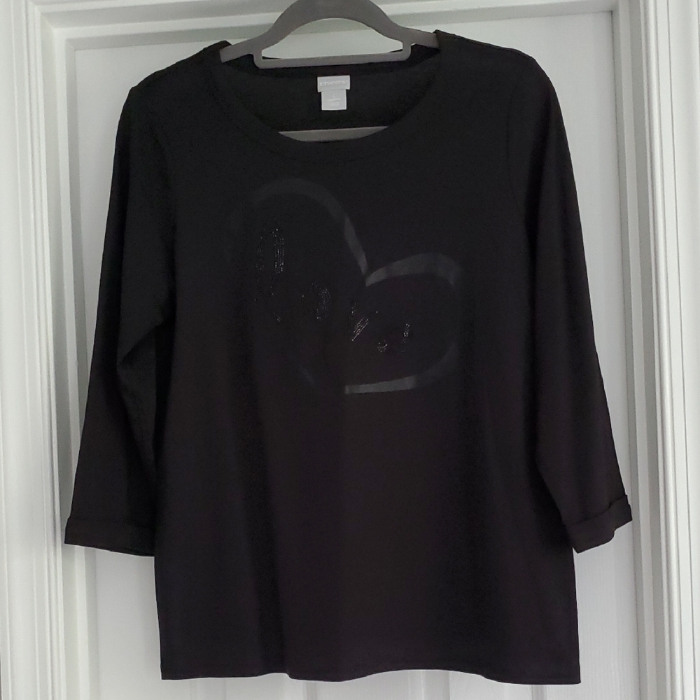 Chico's Black Long Sleeve Top with Heart Detail. Size M.
